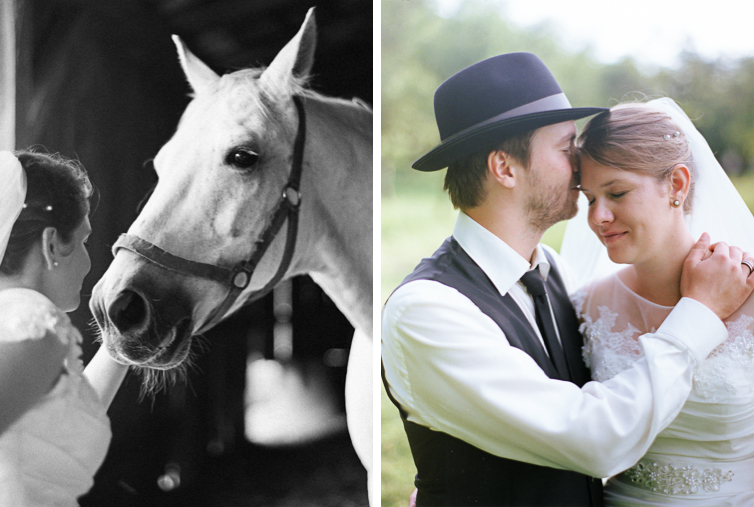 Hochzeitsfoto mit Pferd, Hochzeit im Grünen